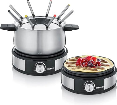 SEVERIN Fondue-Crêpe Combination, dishwasher-safe fondue set with 8 color-coded forks, stainless steel fondue-crêpe maker combination, black, FO 2471 on Sale